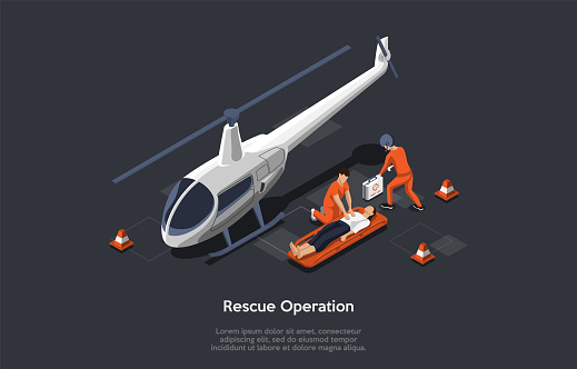Resque Equipment And Helicopter Flight Resque System Concept. The Rescuers Came With Helicopter Use A Special Equipment To Evacuate And To Save The Woman. Colorful 3d Isometric Vector Illustration