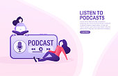 Rest girl listening online podcast. Cartoon smartphone podcast for marketing design. Social media poster. Modern digital device template. Mobile internet, social media