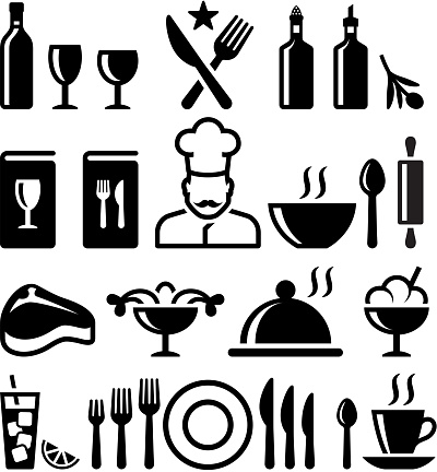 Restaurant and fine dining black & white vector icon set