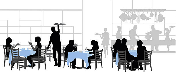 Restaurant Bonne Table A vector silhouette illustration of a restuarant with patrons sitting at tables in groups with the kitchen staff working in the background and a waiter serving tables. Two women gesture deep in discussion, a young man and woman enjoy their date, and a group of their carry on conversation. Chefs work in the back underneath racks of kitchen utensils. kitchen silhouettes stock illustrations