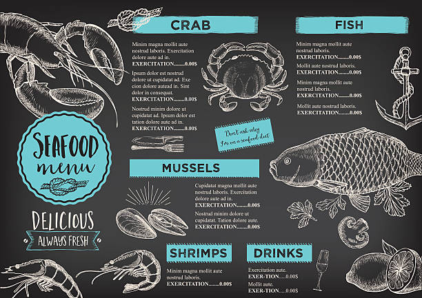 Restaurant cafe menu, template design. Seafood cafe menu brochure. menu illustrations stock illustrations