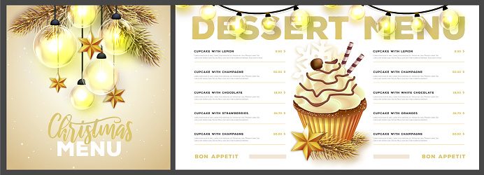 Restaurant Christmas holiday dessert menu design with christmas desoration. Vector illustration