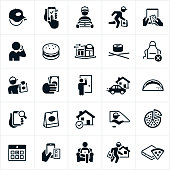 A set of icons representing the industry of the ever increasing popularity of take out food delivery. The icons include delivery men, take out, ordering from smartphone, searching on smartphone, fast delivery, ordering with credit card, ordering over the phone, hamburger, taco, pizza, fast food, restaurant, sushi, delivery, tip, delivery person knocking on door, food bag, home delivery, calendar and a person ordering food from comforts of a couch just to name a few.
