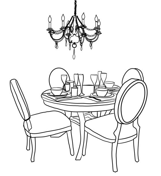 bildbanksillustrationer, clip art samt tecknat material och ikoner med restaurang matbord doodle - dining room