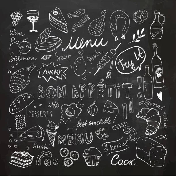 Restaurant Doodle Set. Hand Drawn Vector Illustration. Chalk Drawing. Bon Appetit Chalkboard Food Collection Restaurant Doodle Set. Hand Drawn Vector Illustration. Chalk Drawing. Bon Appetit Chalkboard Food Collection. Clip Art Set. Desserts, omelettes, bakery, cheese, olive oil, ham, meat, fish, salmon, bread, cupcake, menu, yummy, cake, muffins, croissant, homemade, eggs, wine. cheese icons stock illustrations