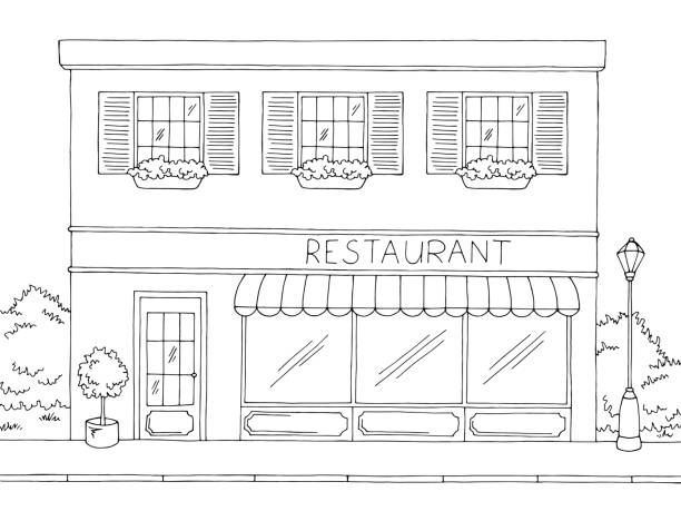 Restaurant exterior graphic black white sketch illustration vector Restaurant exterior graphic black white sketch illustration vector store drawings stock illustrations
