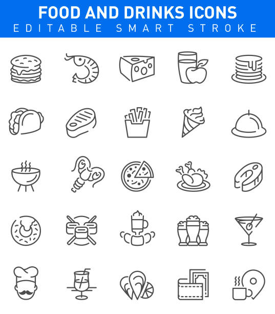 Restaurant Food and Drinks Icons. Editable stroke Food and Drinks Icons with burger,cheese,pizza and sushi symbols turkey cupcake cake stock illustrations