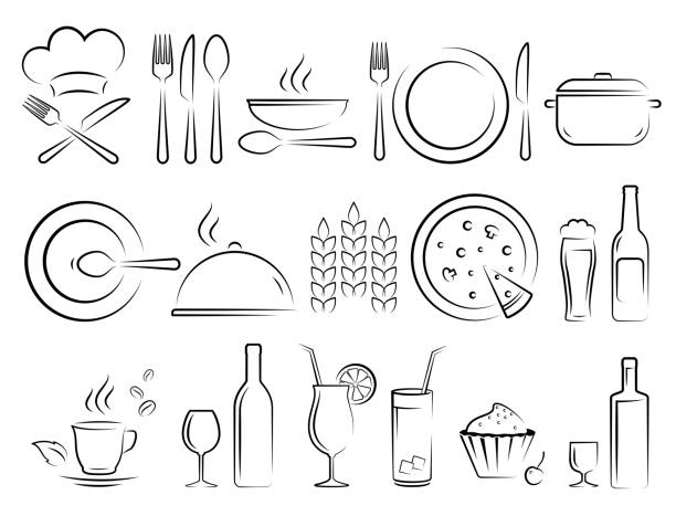 restaurant icons set hand drawn restaurant cafe icons set with plate, fork, knife, cutlery cooking symbols stock illustrations