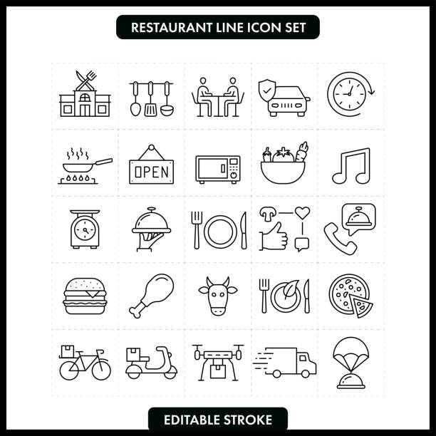 ilustrações de stock, clip art, desenhos animados e ícones de restaurant line icon set. editable stroke - pizza table