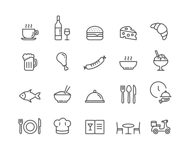 stockillustraties, clipart, cartoons en iconen met restaurant lijn pictogram ingesteld met bewerkbare lijn. overzichtsverzameling van 20 symbolen. de pictogrammen van het voedsel en van de drank. vectorillustratie. - plate hamburger
