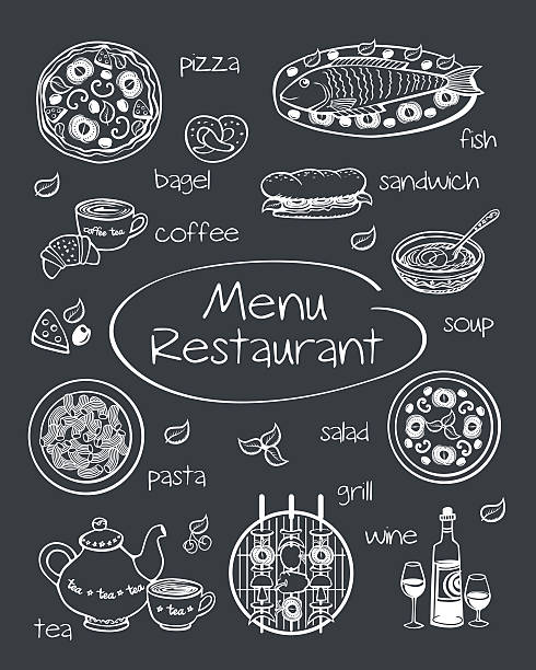 Restaurant menu. Cover for restaurant menu, cafe. Pictures drawn in chalk on a blackboard. Sketch. Vector illustration.  Stock Vector Illustration. sandwich backgrounds stock illustrations