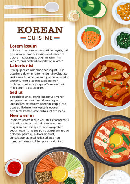 Restaurant menu design, Top view of Korean food on wooden table. eps 10 soju stock illustrations