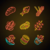 Restaurant menu neon light icons set. Fast food, italian and mediterranean cuisine. Pizza, lobster, steak, burger, sushi, sausages, chicken legs. Glowing signs. Vector isolated illustrations