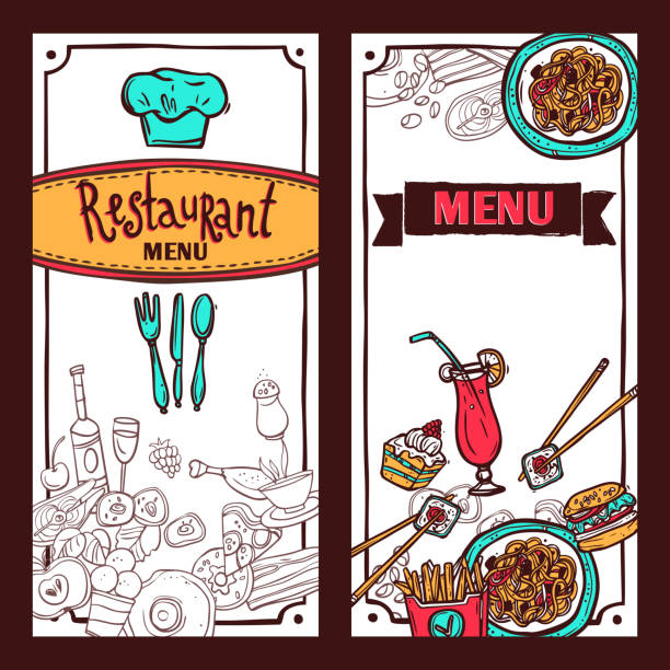 Fast food restaurant menu symbols with sushi and spaghetti vertical...