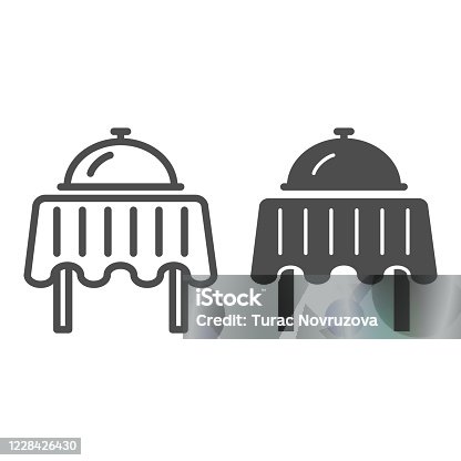 istock Restaurant table with tray line and solid icon, dinner concept, Breakfast food tray sign on white background, plate with cover on table icon in outline style for mobile, web design. Vector graphics. 1228426430