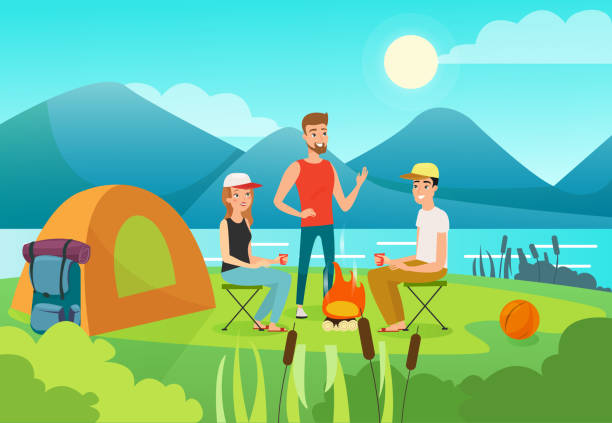 Resting family members flat illustration Resting family members flat illustration. Active leisure, healthy lifestyle, summer holiday concept. Cartoon tourists vector characters. People on outdoor picnic, camping, hiking vacation drawing of family picnic stock illustrations