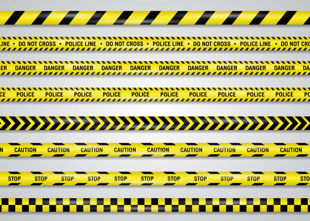 Restricting, danger, caution yellow band vector illustration set, isolated on white. Police or construction cordon plastic ribbon to forbid trespassing for life safety, to procure normal functioning. Restricting, danger, caution yellow band vector illustration set, isolated on white. Police or construction cordon plastic ribbon to forbid trespassing for life safety, to procure normal functioning. exclusion stock illustrations