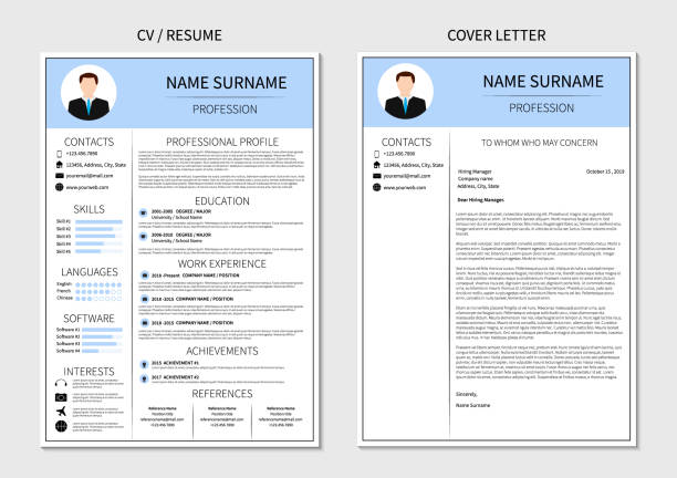 Resume template for men. Modern CV and cover letter layout with infographic. Minimalistic  curriculum vitae design. Employment vector illustration. Resume template for men. Modern CV and cover letter layout with infographic. Minimalistic  curriculum vitae design. Employment vector illustration. business cv templates stock illustrations