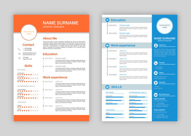 Resume template. Professional personal description profile, curriculum letterhead cover, business layout job application creative vector set Resume template. Professional personal description profile, curriculum letterhead cover, business layout job application creative vector header cv page set recruitment drawings stock illustrations