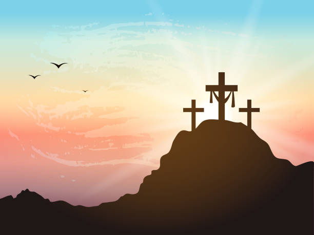 Resurrection background with sun rays. Calvary hill with silhouettes of the cross. Cross symbol for Jesus Christ is risen. religious cross backgrounds stock illustrations