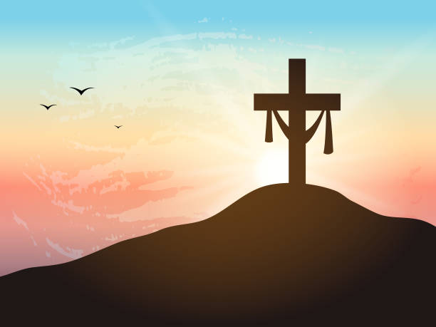 Resurrection background with sun rays. Calvary hill with silhouettes of the cross. Cross symbol for Jesus Christ is risen. religious cross silhouettes stock illustrations