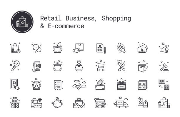 Retail business, shopping, ecommerce, marketing linear icons set. Vector illustration clipart collection isolated on white background. Retail business, shopping, e-commerce thin line icons. On-line shop, commerce, goods and money pictograms. Auction, airmail, courier delivery, sale coupon, wish list, delivery track, cash back service supermarket symbols stock illustrations