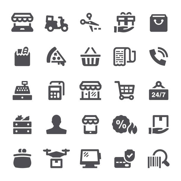 Retail Icons Shopping, retail, shop, e-commerce, icons, shopping bag, grocery, store, icon, wallet supermarket icons stock illustrations