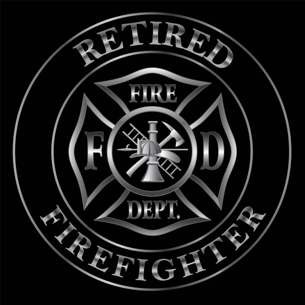 Retired Firefighter Silver Emblem Retired Firefighter Silver Emblem is a design illustration that includes a classic silver fire department Maltese cross and text in a circle that says Retired Firefighter. Great promotional graphic for fireman and fire stations. maltese cross stock illustrations