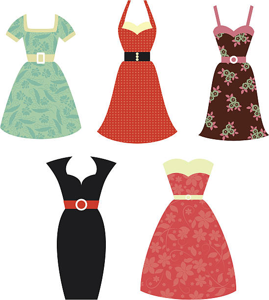 stockillustraties, clipart, cartoons en iconen met retro 1950s dresses - blote schouder