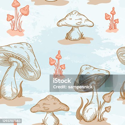 istock Retro 1970's Mushroom Seamless Pattern 1293707583