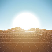A retro 1980s style background, featuring grid lines leading up to a low-poly mountain in front of a brightly glowing sun. This is an ideal design element for your 80s themed party, poster or design project. All elements of this vector illustration are grouped onto clearly labelled layers within the EPS10 file making it easy for you to edit and customize to suit your needs.