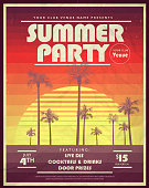 istock Retro 80s Summer Party with palm trees and retro sun poster design templates 1211676299