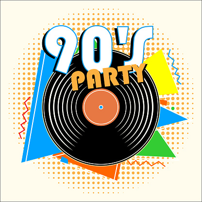 Retro 90's Music Party and Vintage Vinyl Records Poster in Retro Design Style. Disco Party 90's.
