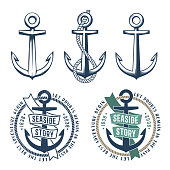 Set of 3 retro anchors with a rope and 2 vintage marine emblem tattoo on a white background. Rubbed texture on a separate layer and can be easily disabled.