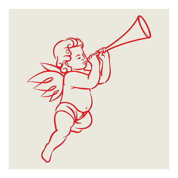 illustrazioni stock, clip art, cartoni animati e icone di tendenza di angelo arte vettoriale retrò tromba - cherubini