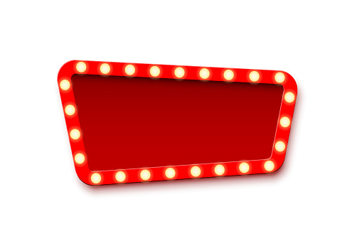 Retro announcement board sign. Cinema billboard or theatre signage, jackpot in lottery victory vector illustration. Red commercial sign board with light bulbs on white background.