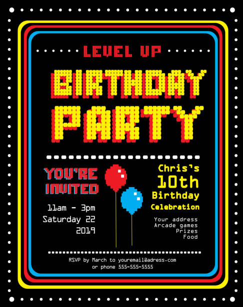 retro arcade birthday party einladung design-vorlage - einladungskarte geburtstag stock-grafiken, -clipart, -cartoons und -symbole