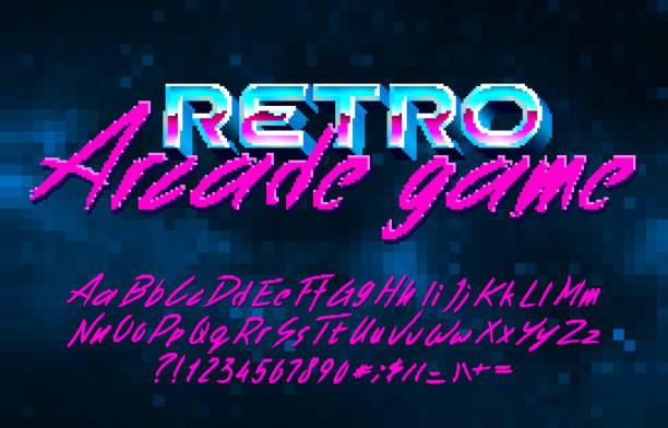 Retro Arcade Game alphabet font. Pixel script letters, numbers and punctuations. Pixel background. vector art illustration