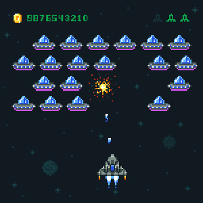 Retro Arcade Game Screen With Pixel Invaders And Spaceship Space War ...