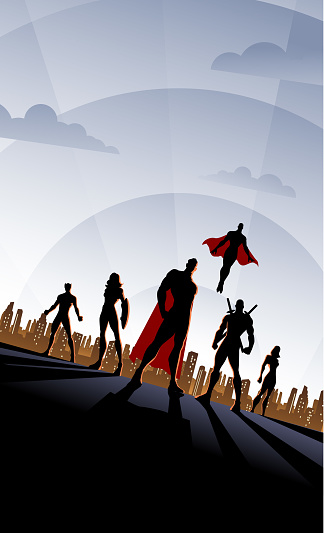 A retro art deco style superhero team poster illustration with city skyline in the background. Wide space available for your copy.