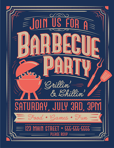 Vector illustration of a retro Barbecue Party invitation design template for summer cookouts and celebrations. Includes bbq grill and utensils, placement text. Easy to edit and customize with layers. Download includes vector eps 10 and high resolution jpg. Other color variations available.