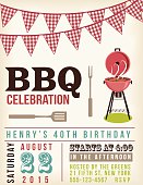 Retro BBQ Invitation Template. There are two rows of checkered ref flag decorations at the top. There is a retro grill and a fork and BBQ spatula. 