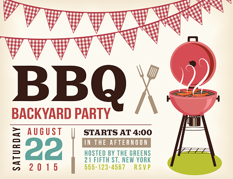 Retro BBQ Invitation Template. There are two rows of checkered ref flag decorations at the top. There is a retro grill and a crossed fork and spatula. Horizontal wide format.  