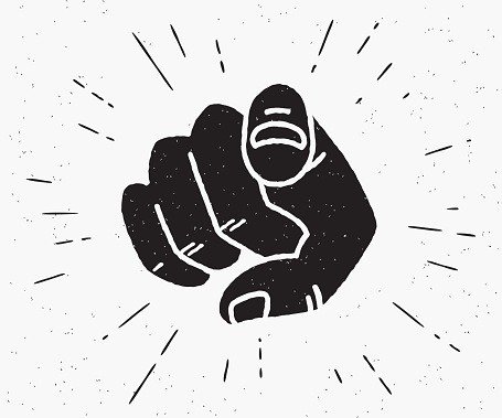 Retro human hand with the finger pointing or gesturing towards you. Vintage hipster illustration isolated on white background