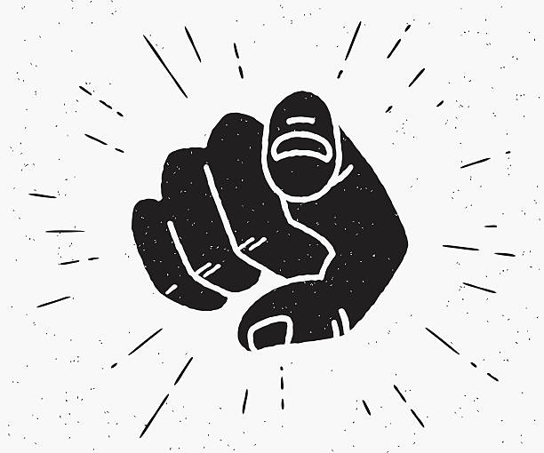 Retro black hand pointing finger Retro human hand with the finger pointing or gesturing towards you. Vintage hipster illustration isolated on white background recruitment designs stock illustrations