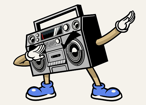retro boombox  stereo tape mascot character dabbing pose