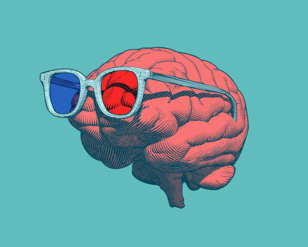 Retro brain with 3D glasses illustration on green BG Retro pop art orange engraving human brain with 3D glasses illustration in side view isolated on green background brain designs stock illustrations