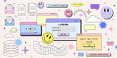 istock Retro browser computer window in 90s vaporwave style with smile face hipster stickers. Retrowave pc desktop with message boxes and popup user interface elements, Vector illustration of UI and UX 1358856276
