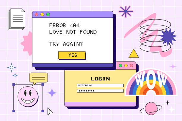 Retro browser computer window in 90s vaporwave style with smile face hipster stickers. Retrowave pc desktop with message boxes and popup user interface elements, Vector illustration of UI and UX Retro browser computer window in 90s vaporwave style with smile face hipster stickers. Retrowave pc desktop with message boxes and popup user interface elements, Vector illustration of UI and UX. vaporwave stock illustrations