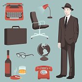 A collection of retro, 1950s to 1960s business elements – from whiskey and cigarettes to a rotary phone. Each element is on its own layer. Also includes each element without a background as both an EPS and a JPG.